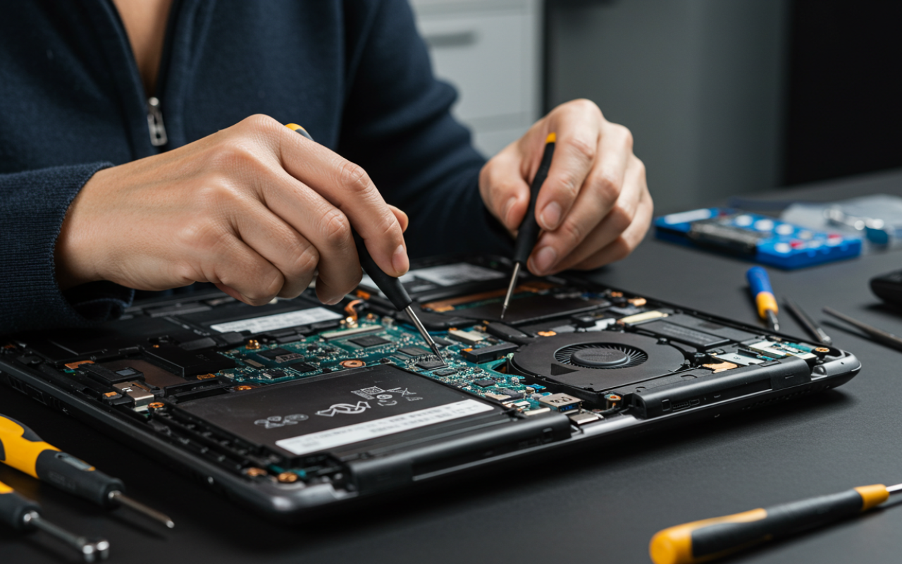 Dell laptop screen replacement in progress at a professional repair center