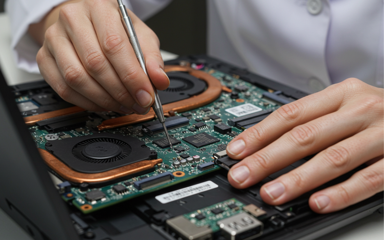 Skilled technician fixing a Dell laptop motherboard in a repair shop